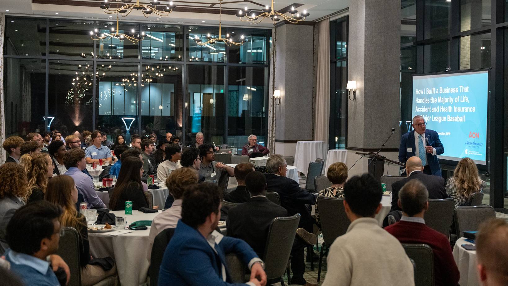 Photo of the ballroom at the Graduate Hotel East Lansing during the 2025 Simon Lecture.