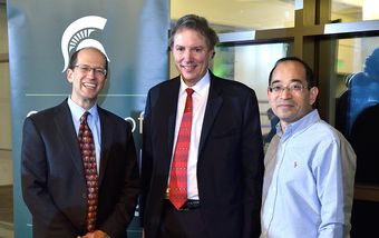 (L to R): Keith Promislow, mathematics department chair; Kevin Clinton, Actuarial Science Program director; and Yimin Xiao, statistics and probability interim department chair, visit during the recent Simon Actuarial Simon Lecture.